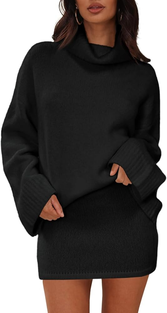 Langwyqu Womens 2 Piece Outfits Sweater Sets Turtleneck Oversized Sweaters and Mini Skirts Fall W... | Amazon (US)