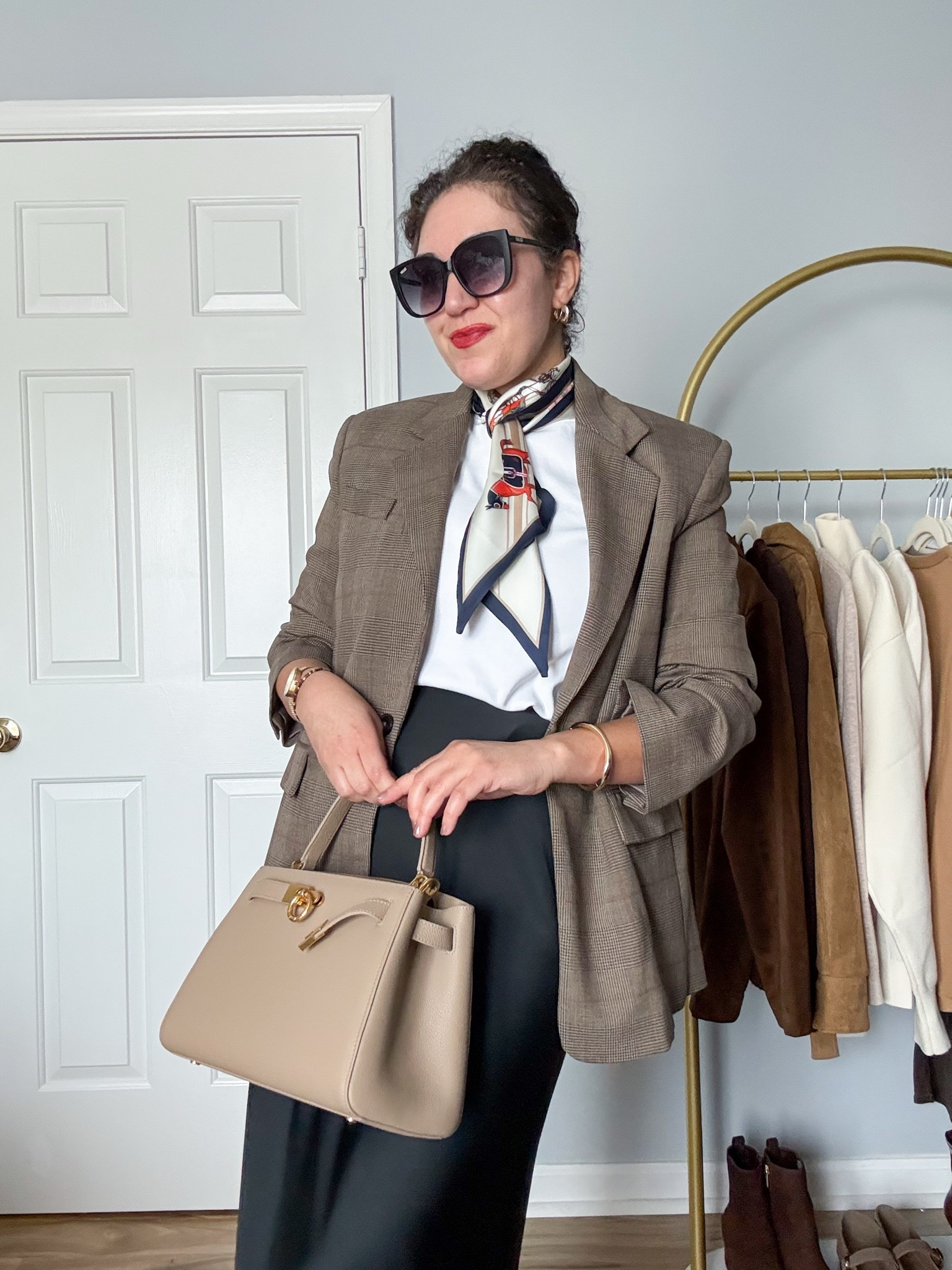 Fall outfit, blazer outfit, satin skirt, fall bag, silk scarf, amazon style