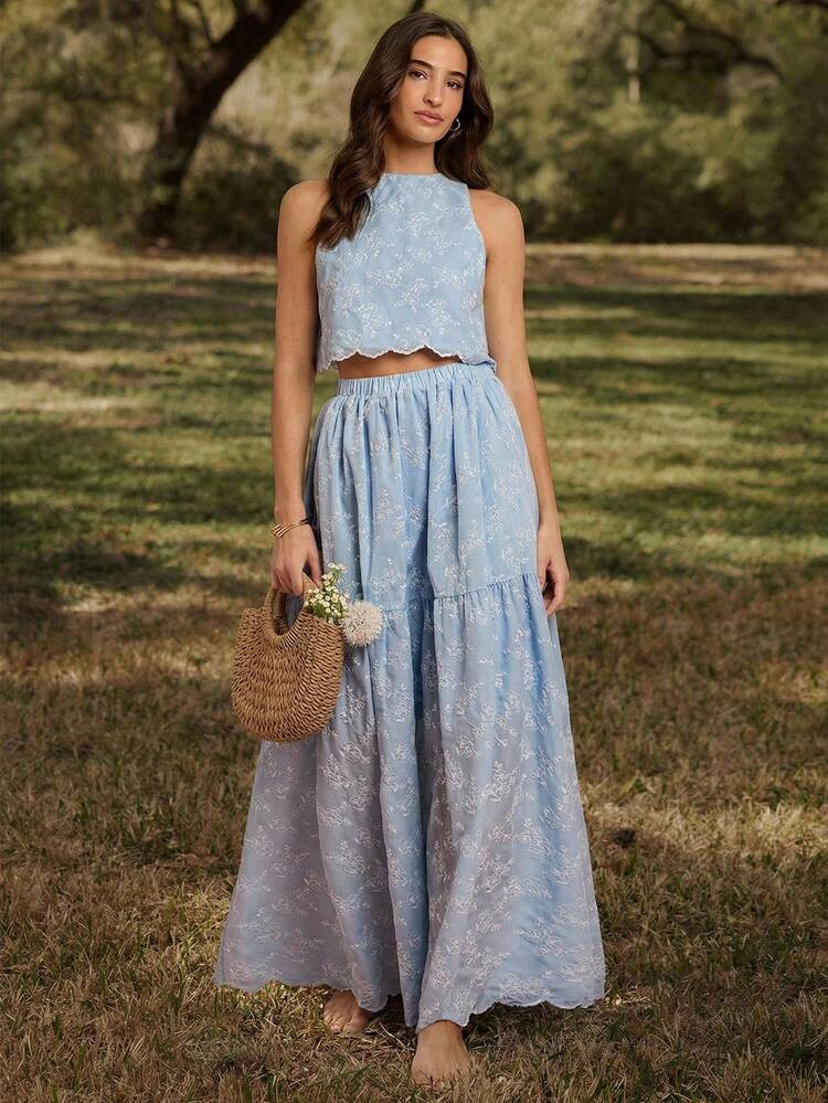 Enchnt SHEIN X Gi Lancellotti Fall/Winter Romantic Women's Pastel Blue Exquisite Floral Embroidered Vest&Long Skirt Two Pieces Outfits,Chic&Elegant For Vacation&Date&Holiday&Graduation&Wedding Guest&Halloween&Christmas,Autumn Outfits For Women,Two Piece Set Women,Fall Clothes | SHEIN