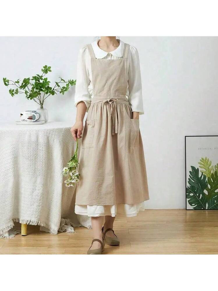 Brief Nordic Wind Pleated Skirt Cotton Linen Apron Women Girls Vintage Apron Gardening Works Cross Back Pinafore Dress | SHEIN