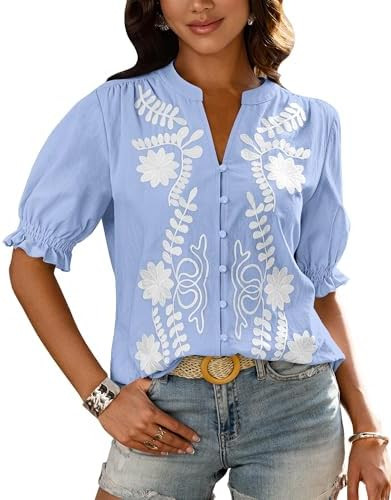 BTFBM Women's 2026 Summer Tops Casual Floral Boho V Neck Puff Short Sleeve Button Down Shirts Emb... | Amazon (US)