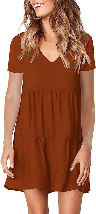 FAVALIVE Womens Casual Loose Short Sleeve V Neck Solid Color Dress | Amazon (US)