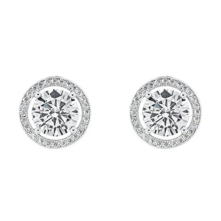 Cate & Chloe Ariel 18k White Gold Halo CZ Stud Earrings, Silver Simulated Diamond Earrings, Round... | Walmart (US)