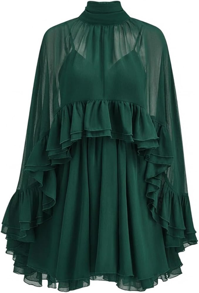 Women\u2019s Semi Sheer Chiffon Ruffle Dress with Outer Cape, Poncho Sleeve Flowy Mini Dress, Loo... | Amazon (US)