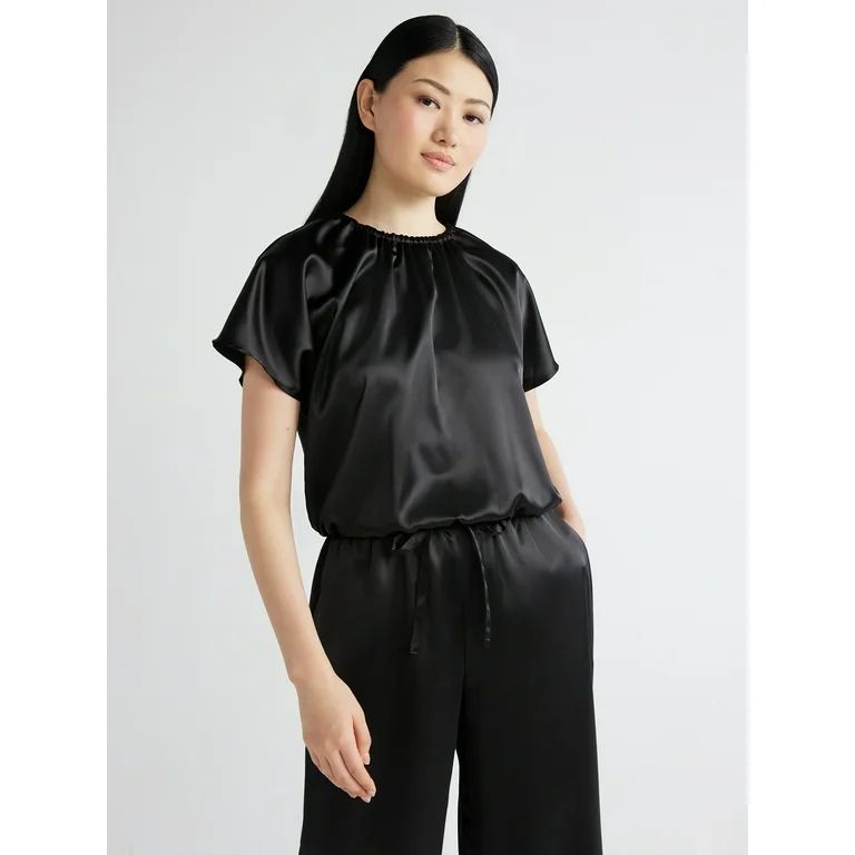 Scoop Women’s Satin Bubble Hem Top with Short Sleeves, Sizes XS-XXL | Walmart (US)