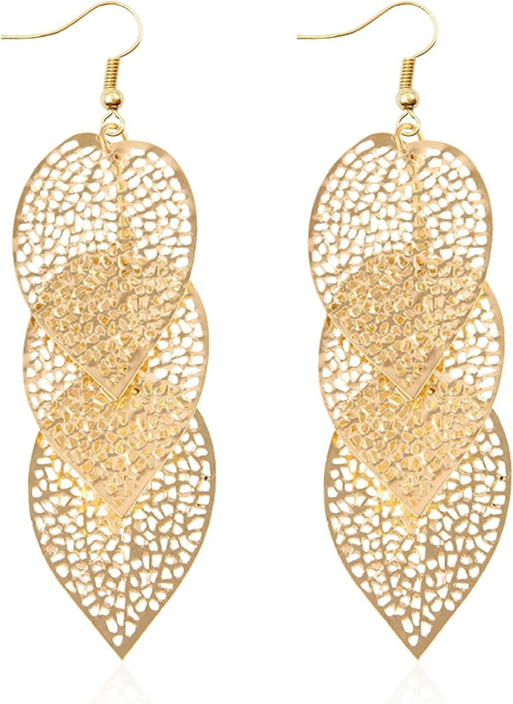 Lightweight Bohemian Boho Filigree Leaf Chandelier Dangle Earrings for Women Handcrafted Gold Pla... | Amazon (US)