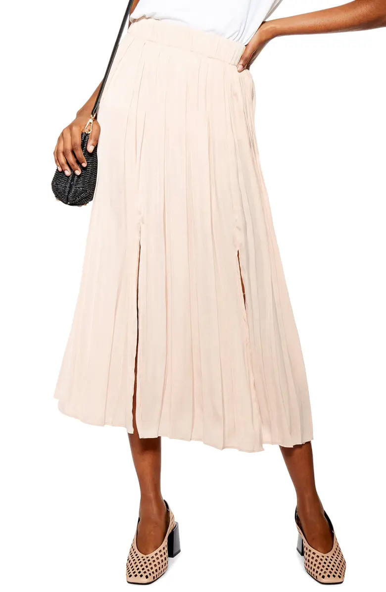 Double Slit Pleated Satin Midi Skirt | Nordstrom
