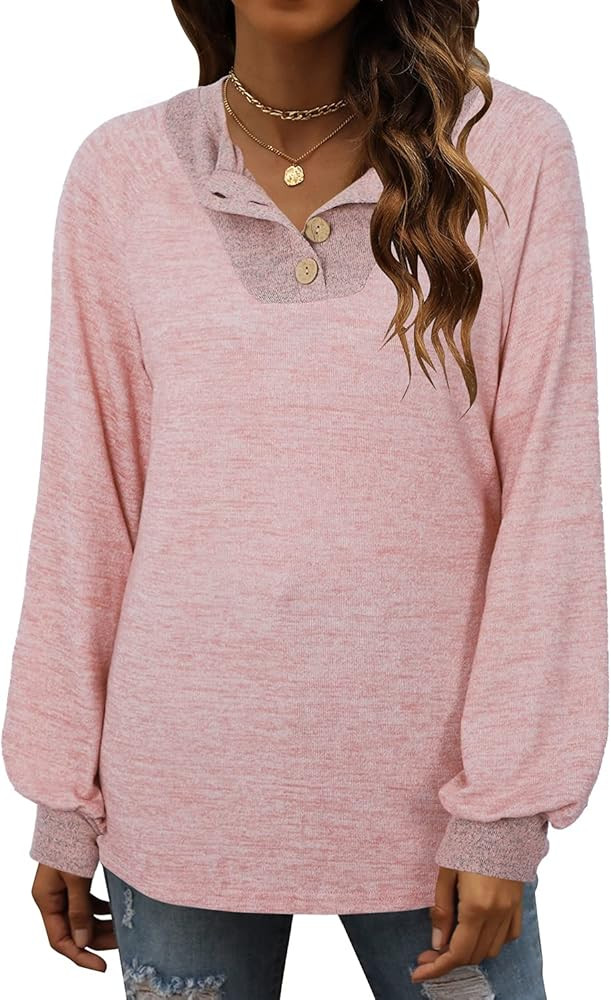 Women's Long Balloon Sleeve Blouses Buttons Down Henley Pullover Shirts Color Block Tops | Amazon (US)