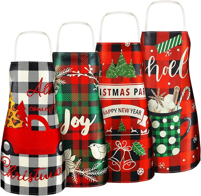 SATINIOR 4 Pcs 21.7" x 26.8" Christmas Aprons Adjustable Kitchen Aprons Xmas Plaid Merry Christma... | Amazon (US)