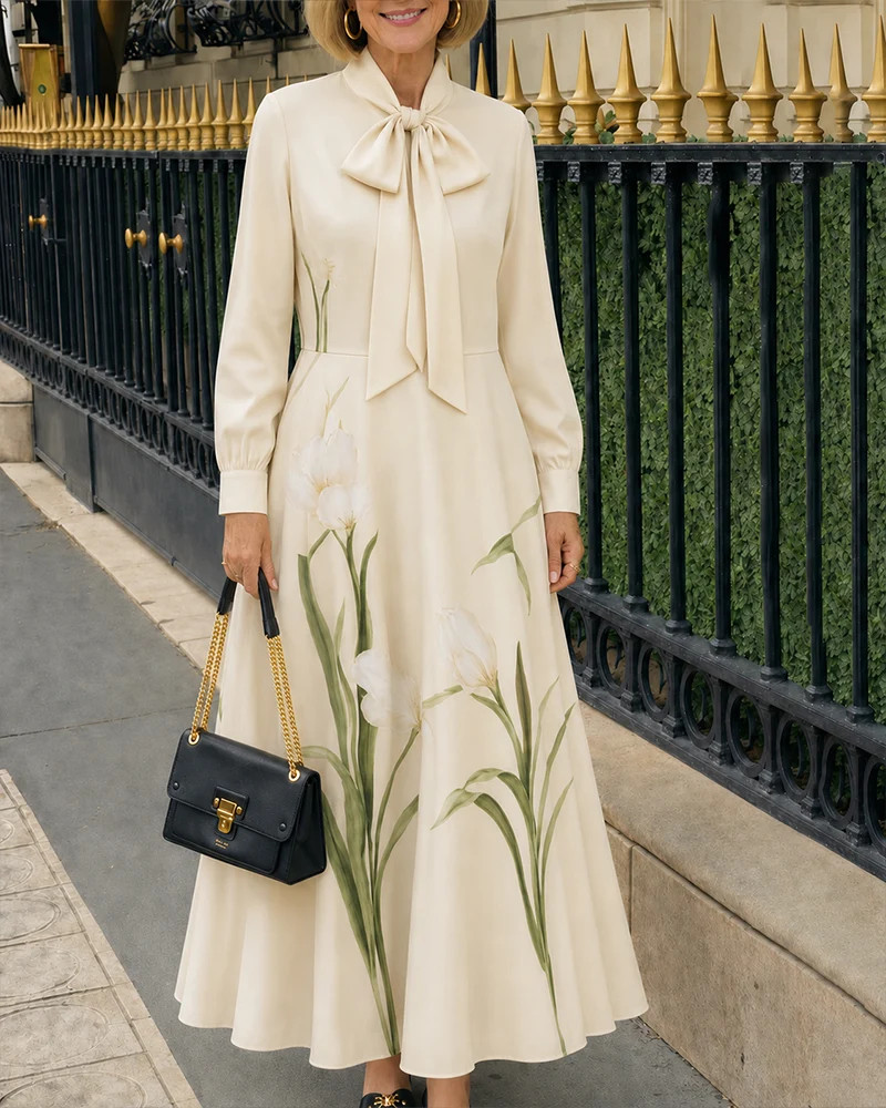 Floral Bow-Detail Long Sleeve Maxi Dress | Zeagoo