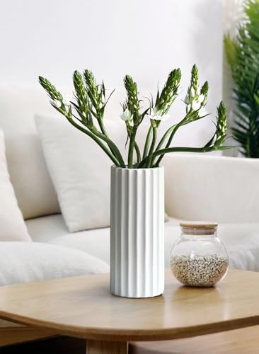 GeLive Glazed White Ceramic Vase Ribbed Straight Cylinder Minimalist Waterproof Flower Vase, Home Decor Centerpiece for Fresh Bud Artificial Dried Flowers 9 Inch Height | Amazon (US)