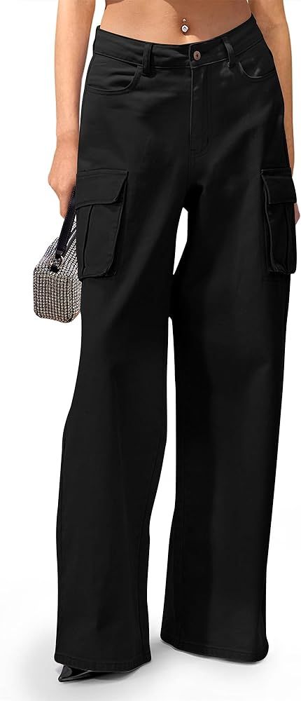 Womens Cargo Jeans High Waisted Wide Leg Baggy Denim Cargo Pants Flap Pocket Y2K Streetwear Casua... | Amazon (US)