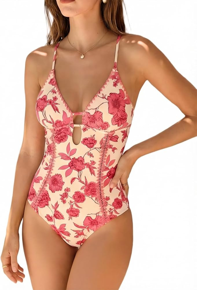CUPSHE Women's One Piece Swimsuit Plunging V Neck Shell Stitch Bathing Suit Self Tie Adjustable C... | Amazon (US)