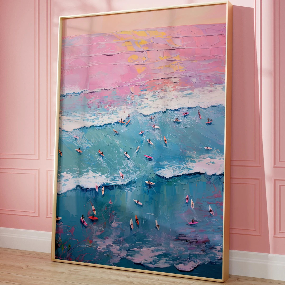 Surfing Poster Beach Wall Art Beachy Wall Art Pink Poster Surf Painting Surf Decor Coastal Wall A... | Etsy (US)