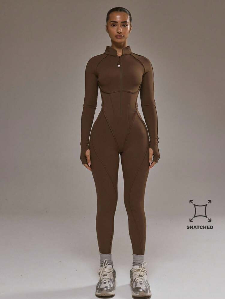 Musera Sport Contrast Piping Zip Through Open Back Fitted Long Sleeve Jumpsuit Padel Activewear S... | SHEIN
