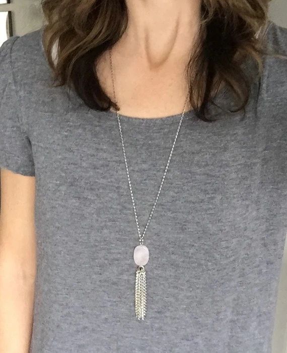 Long rose quartz tassel necklace, tassel necklace with rose quartz gem stone, pink tassel necklace | Etsy (US)