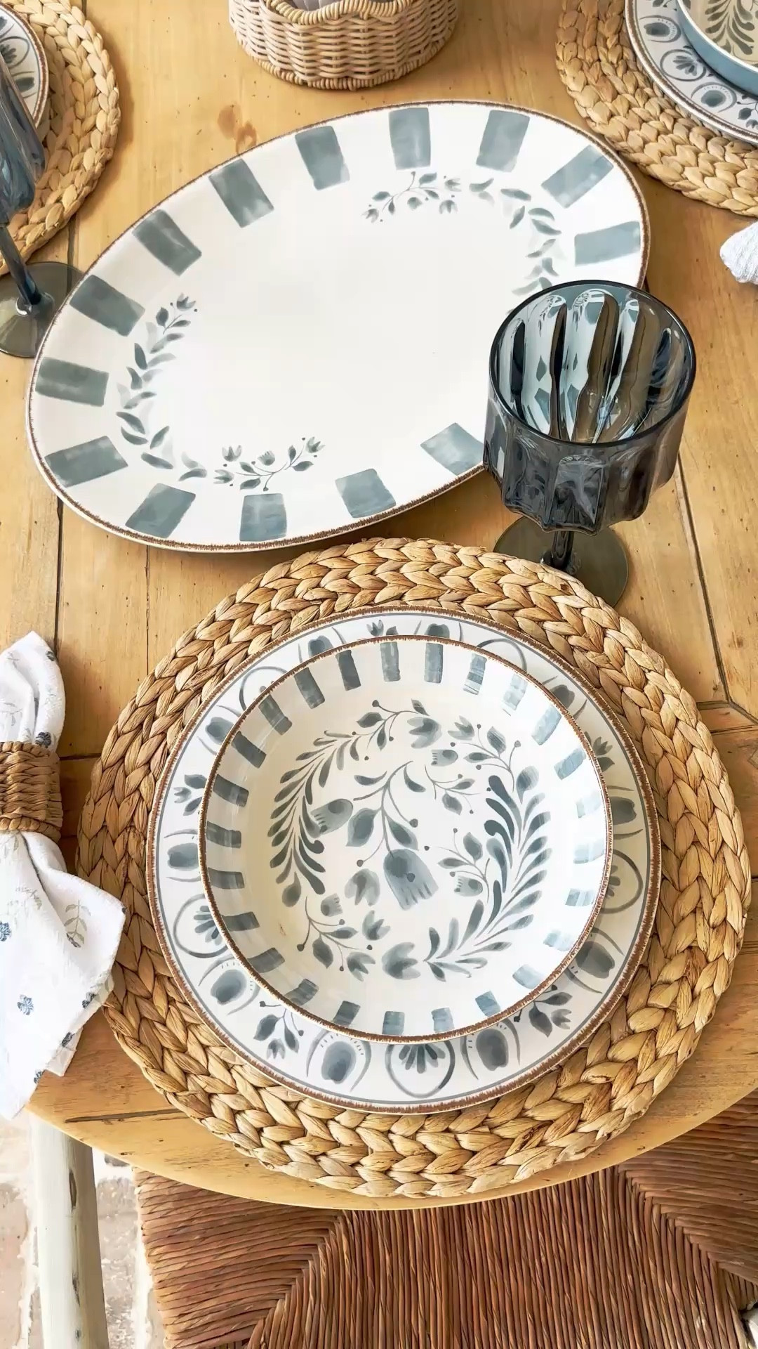 I picked up some of the Better Homes & Gardens melamine dishes and serving pieces a few days ago.

They are so cute and made the prettiest Spring table setting.

They come in 3 different colors and I chose the blue. 

I used woven placemats and napkin rings that I already had.

I grabbed a package of dishcloths to use as napkins and think they turned out so cute. 

There are several serving pieces that match the dinnerware, including this oval platter and the serving bowl with bamboo lid and serving pieces.

There is also a large serving bowl and small bowls for dip (not pictured here). 

The glasses are non-breakable which is perfect for outdoors.
They come in 2 colors and 4 different styles. 

The hurricanes in the woven scalloped base made the perfect centerpiece.

I placed a little moss in the bottom and used a 6” pillar candle. 

#LTKFindsUnder50 #LTKHome #LTKWatchNow