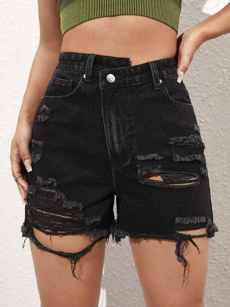 Ripped Raw Hem Denim Shorts | SHEIN