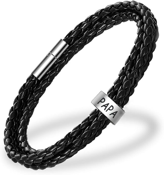 Custom Mens Bracelets with 1-8 Engraved Beads, Dad Gifts for Fathers Day, Leather Braid Bracelet ... | Amazon (US)