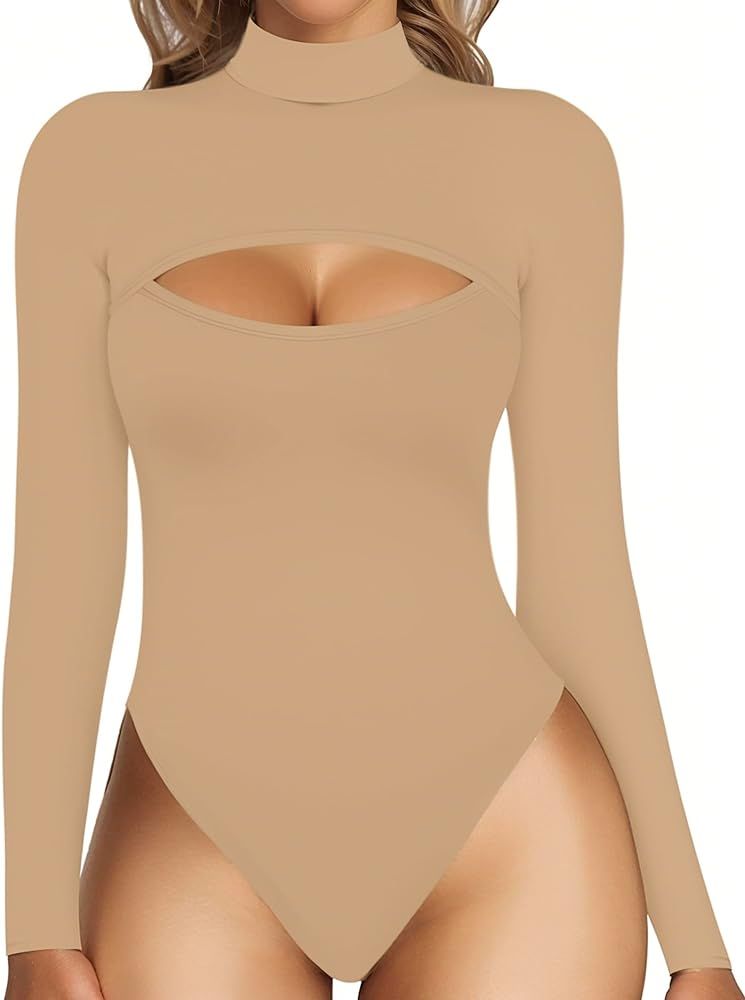 MANGOPOP Mock Neck Cutout Front Bodysuit Long Sleeve Short Sleeve Sleeveless Body suit for Women T Shirt Tops | Amazon (US)