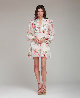 Women's Floral Chiffon Lace Trim Mini Dress | Macy's