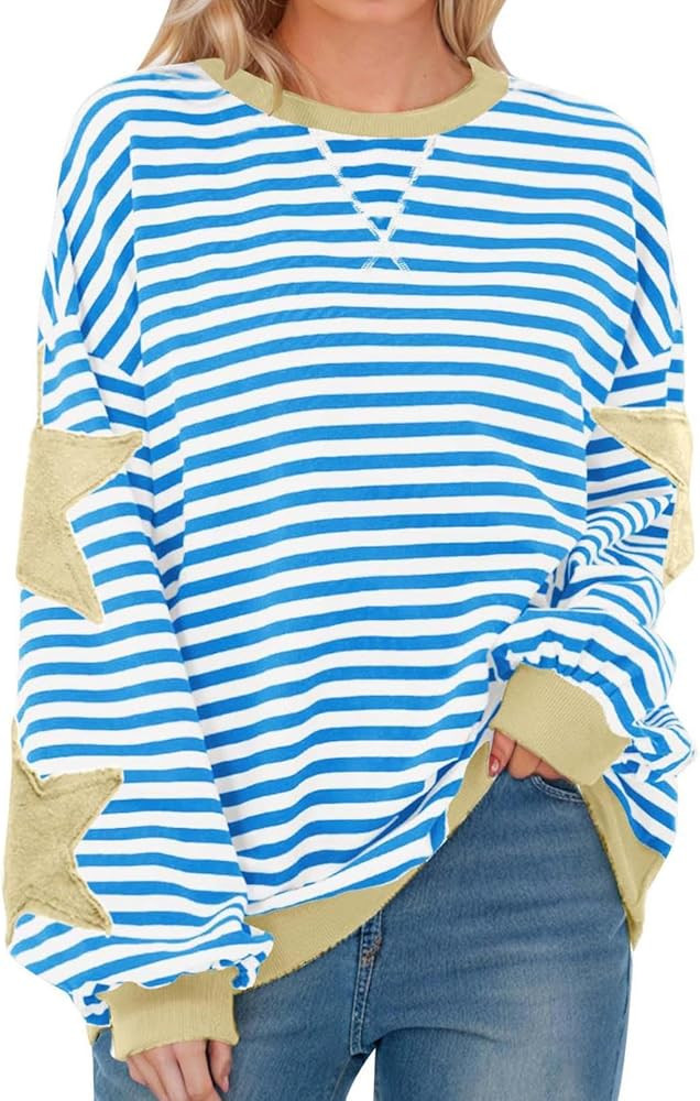 Striped Sweatshirt Women Oversized Patchwork Star Crewneck Sweatshirts Fall Fashion Casual Loose ... | Amazon (US)
