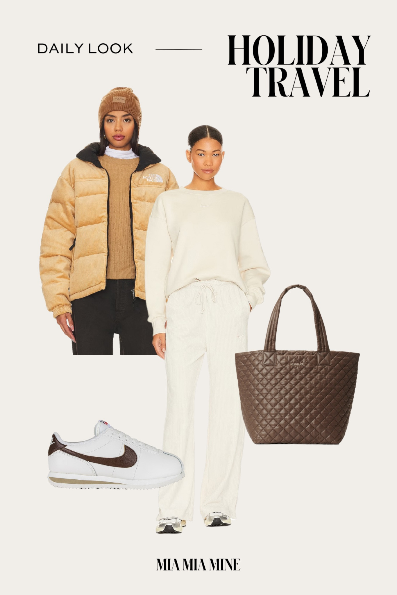 Winter outfit ideas / winter travel outfit
North face camel puffer
Nike sweatshirt
Nike Cortez sneakers 
Nordstrom quilted tote 

#LTKstyletip #LTKSeasonal #LTKfitness