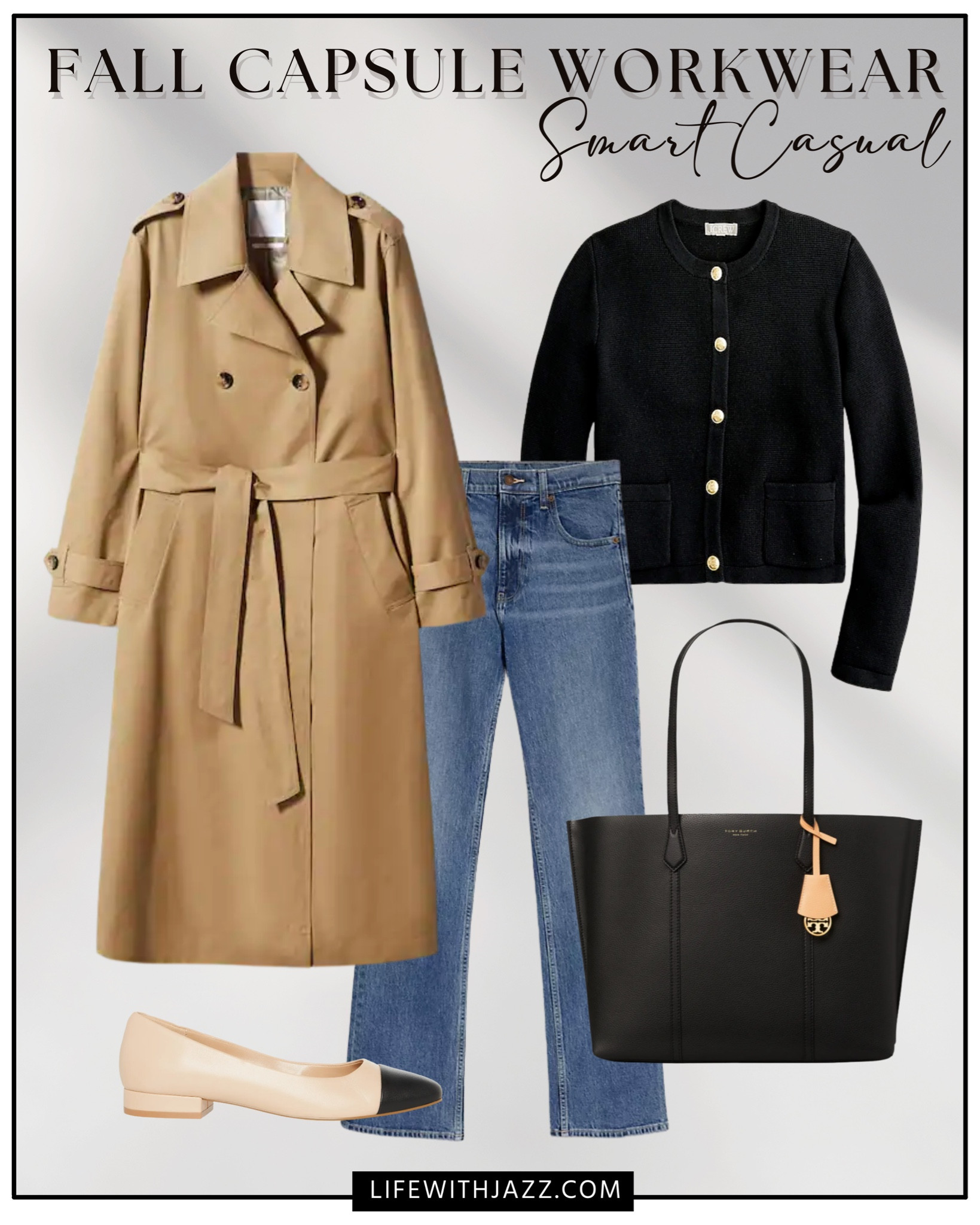 Fall capsule workwear outfit inspo 

Smart casual / workwear / office outfit / trench coat / sweater jacket / jeans / flats / cap toe flat / tote bag / mango / jcrew / Calvin Klein / Steve Madden / Tory Burch 

#LTKstyletip #LTKworkwear