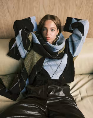 ASOS DESIGN oversized argyle check knitted scarf in brown multi | ASOS (Global)