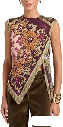 Women Vintage Floral Fringe Sleeveless Top, Asymmetric Hem Scarf Print Slim Crop Blouse Brown | Amazon (US)