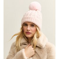 Light Pink Cable Knit Faux Fur Pom Pom Bobble Hat New Look | New Look (UK)