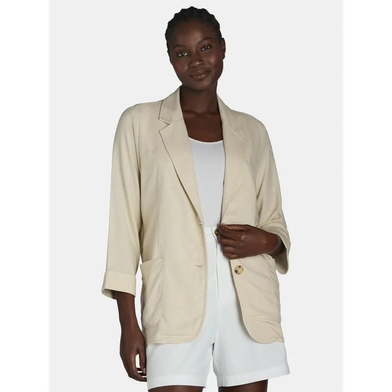Time and Tru Women’s Linen-Blend Button Front Blazer with Patch Pockets, Sizes S-XXXL | Walmart (US)
