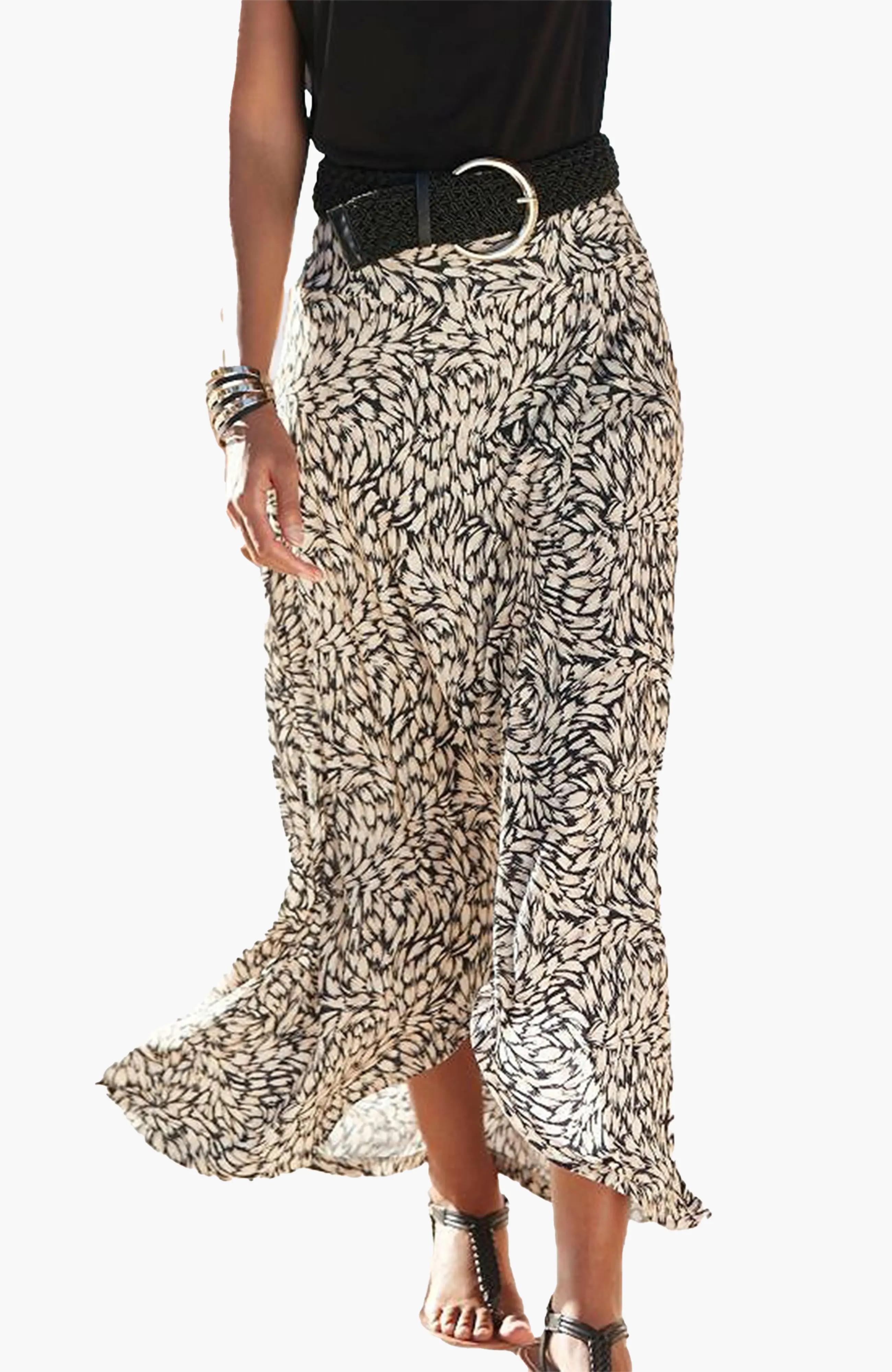 LASCANA Women's High Low Printed Skirt in Black & Taupe at Nordstrom, Size 6 | Nordstrom