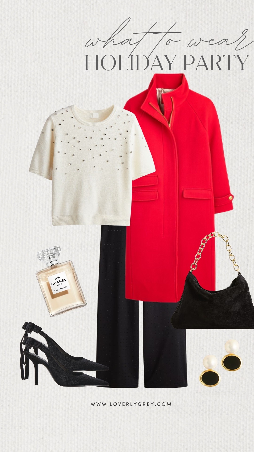 Loverly Grey, what to wear to a holiday party. A pair of black trousers, and sparkly short sleeve sweater, and bright red coat would be perfect for a work party! Complete the look with black heels, a J.Crew suede purse, and earrings. Loverly Grey, what to wear, holiday party

#LTKHoliday #LTKSeasonal #LTKgrwm