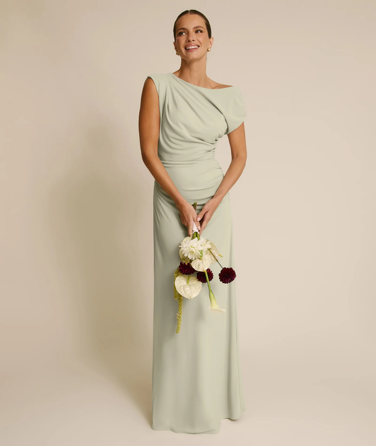 Asymmetric Neck Stretch Sculpt Bridesmaid Dress - Soft Sage | Six Stories