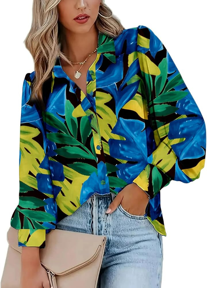 Zeagoo Womens Shirts Button Down Printed Lantern Long Sleeve Blouse Fashion Casual Tops 2024 | Amazon (US)