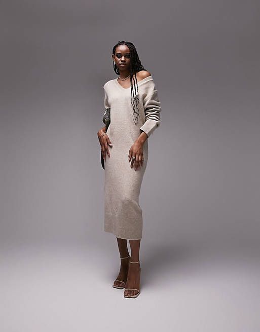 Topshop Tall knit v maxi dress in neutral | ASOS (Global)