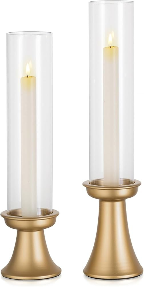 NUPTIO Taper Candle Holders Gold: Set of 2 Candlestick Holder with Hurricane Glass Cover - Tall M... | Amazon (CA)