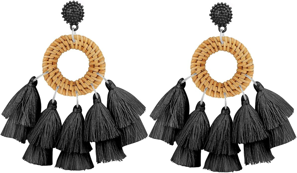 WFYOU Rattan Tassel Earrings for Women Bohemian Statement Handmade Woven Drop Dangle Earrings | Amazon (US)