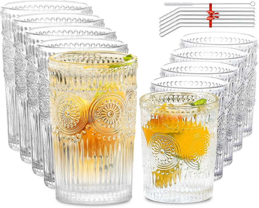 10Pcs Vintage Drinking Glasses - Romantic Highball Glasses & Rocks Glasses, Striped Glass Tumbler... | Amazon (US)