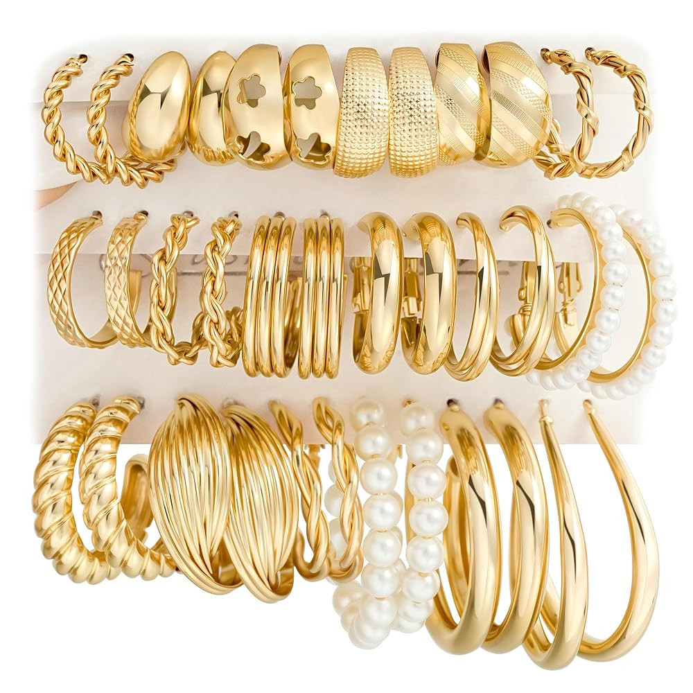 Gold Hoop Earrings Set for Women, 18 Pairs Hypoallergenic Statement Open Pearl Hoops Earring for ... | Amazon (US)