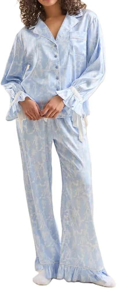 NUFIWI Christmas Bow Tie Front Pajamas for Women Cute Print Long Sleeve Shirts Pants 2 Pieces Xma... | Amazon (US)