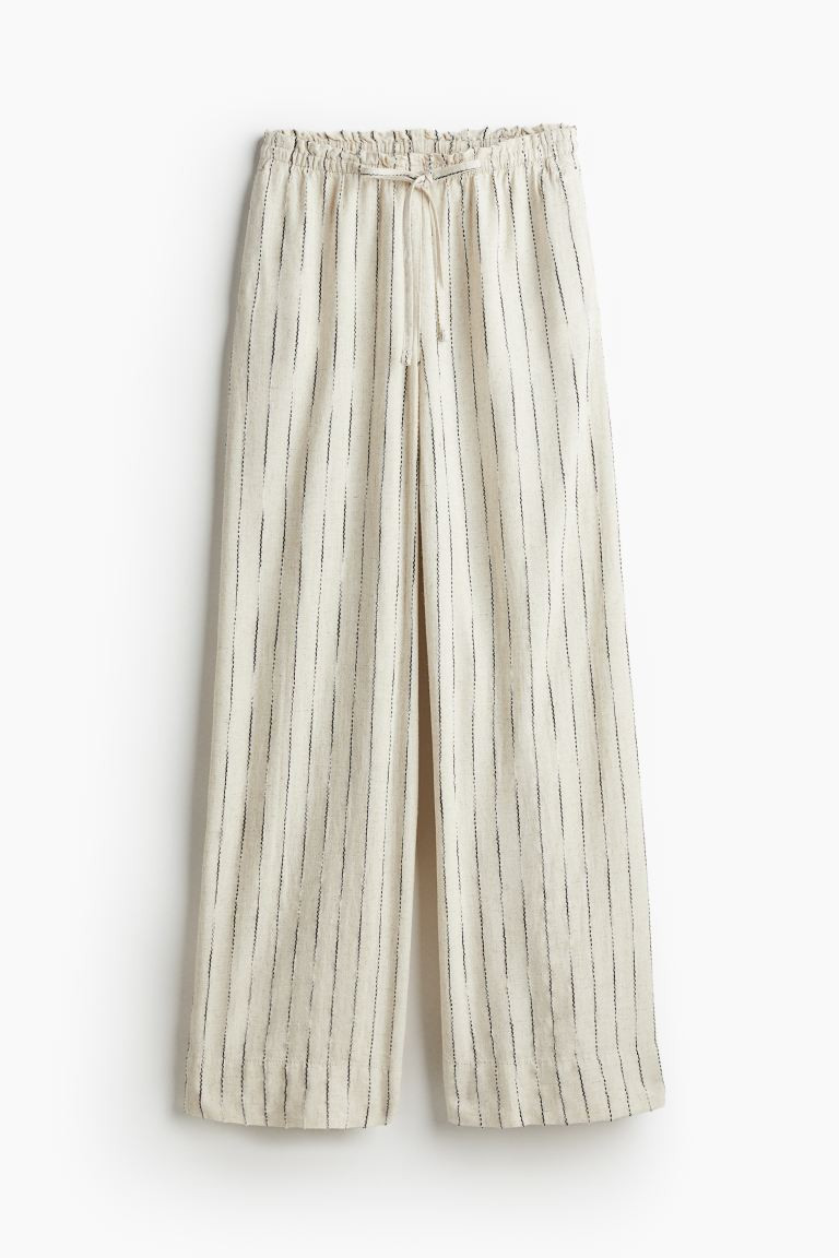 Wide linen-blend trousers - High waist - Long - Light beige/Striped - Ladies | H&M GB | H&M (UK, MY, IN, SG, PH, TW, HK)