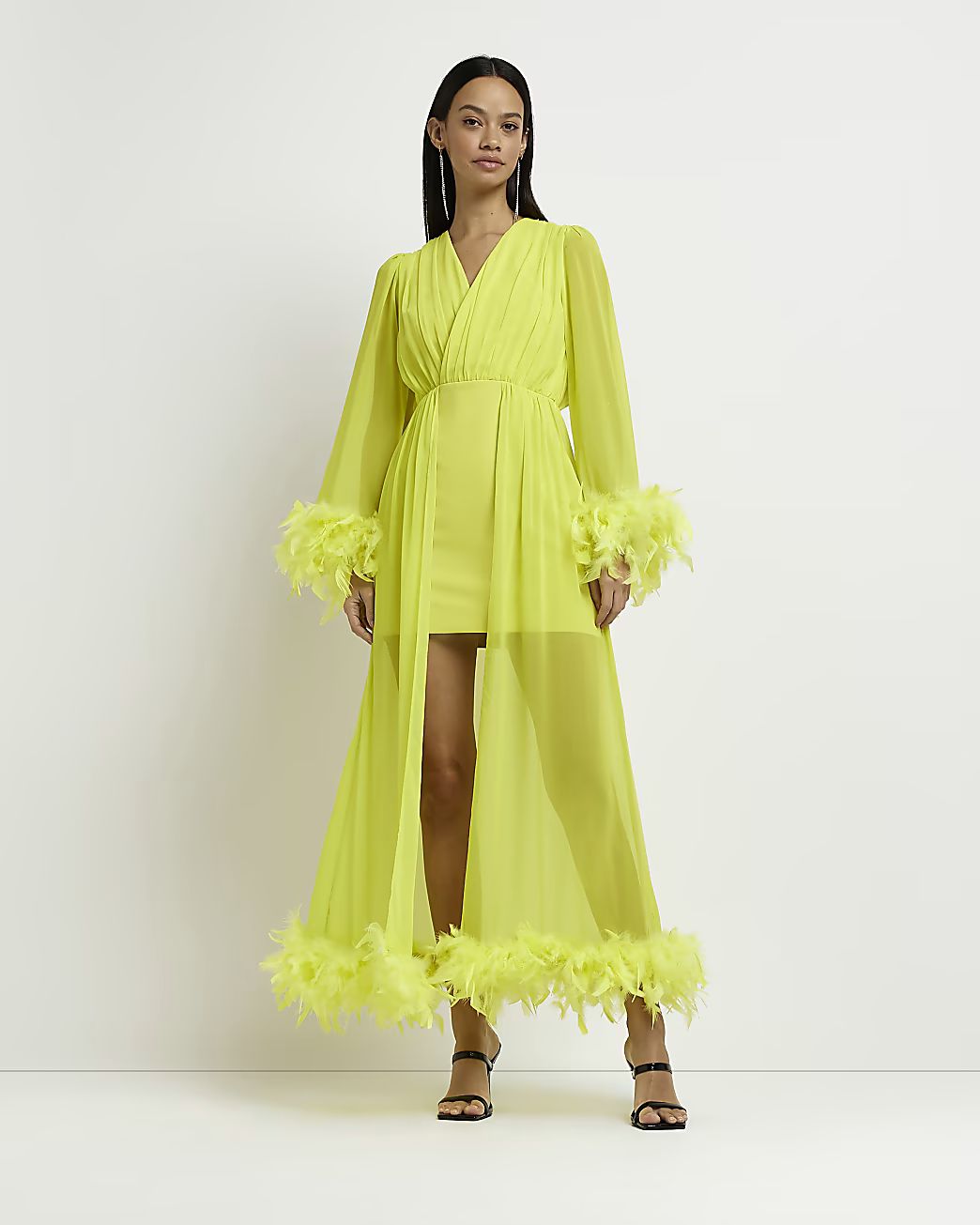Lime green feather trim maxi dress | River Island (US)