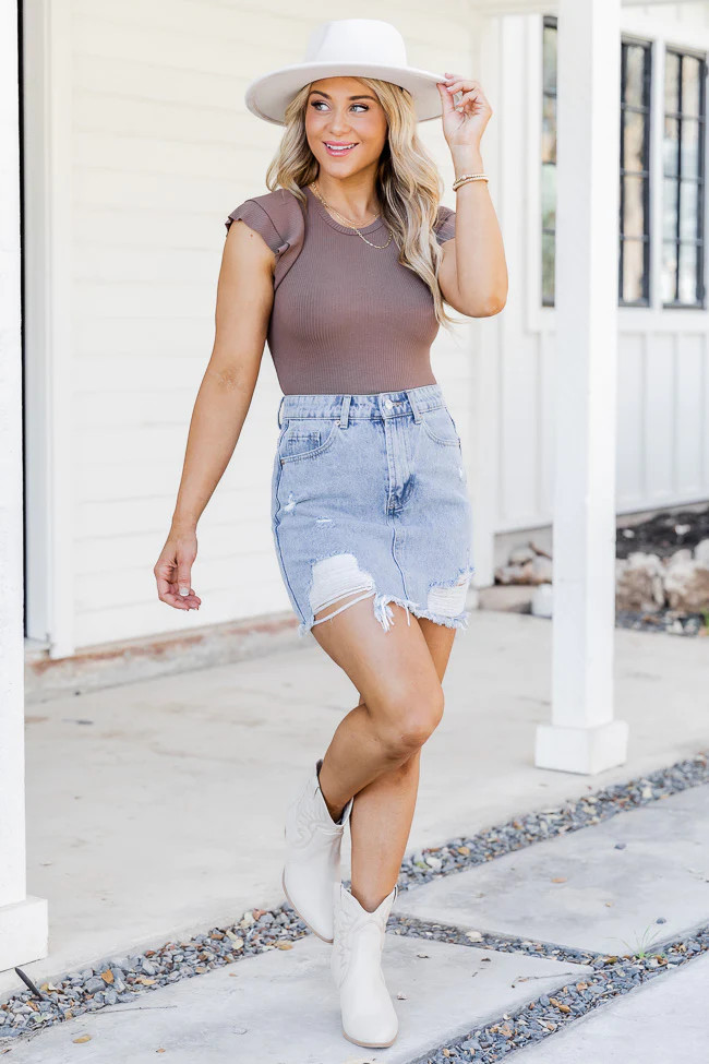 Don't Think Twice Light Wash Distressed Denim Skirt | Pink Lily