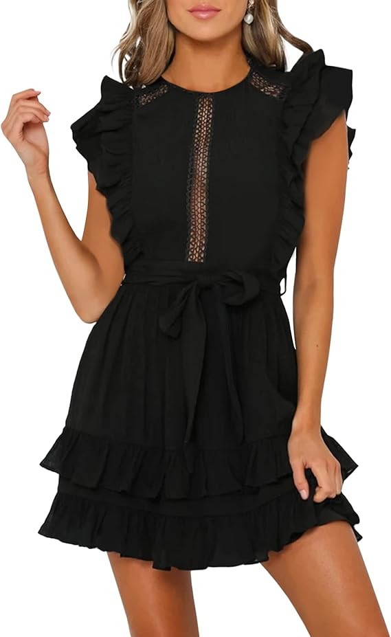 AIMCOO Women's Summer Flutter Sleeve Casual Short Dresses Waist Tie Tiered Ruffle Hem Solid Lace ... | Amazon (US)