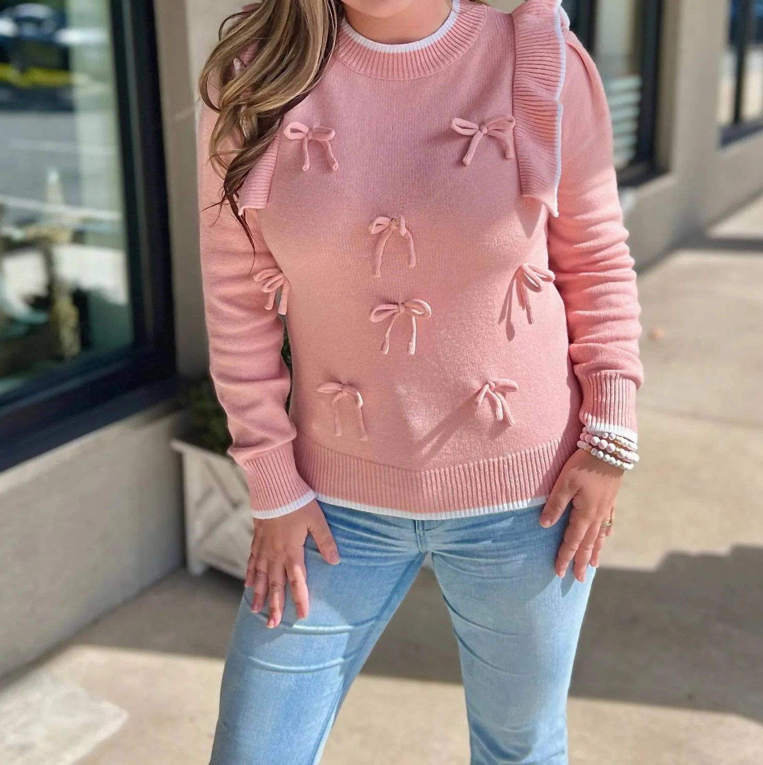 Ruffled Bow Sweater In Pink | Shop Simon