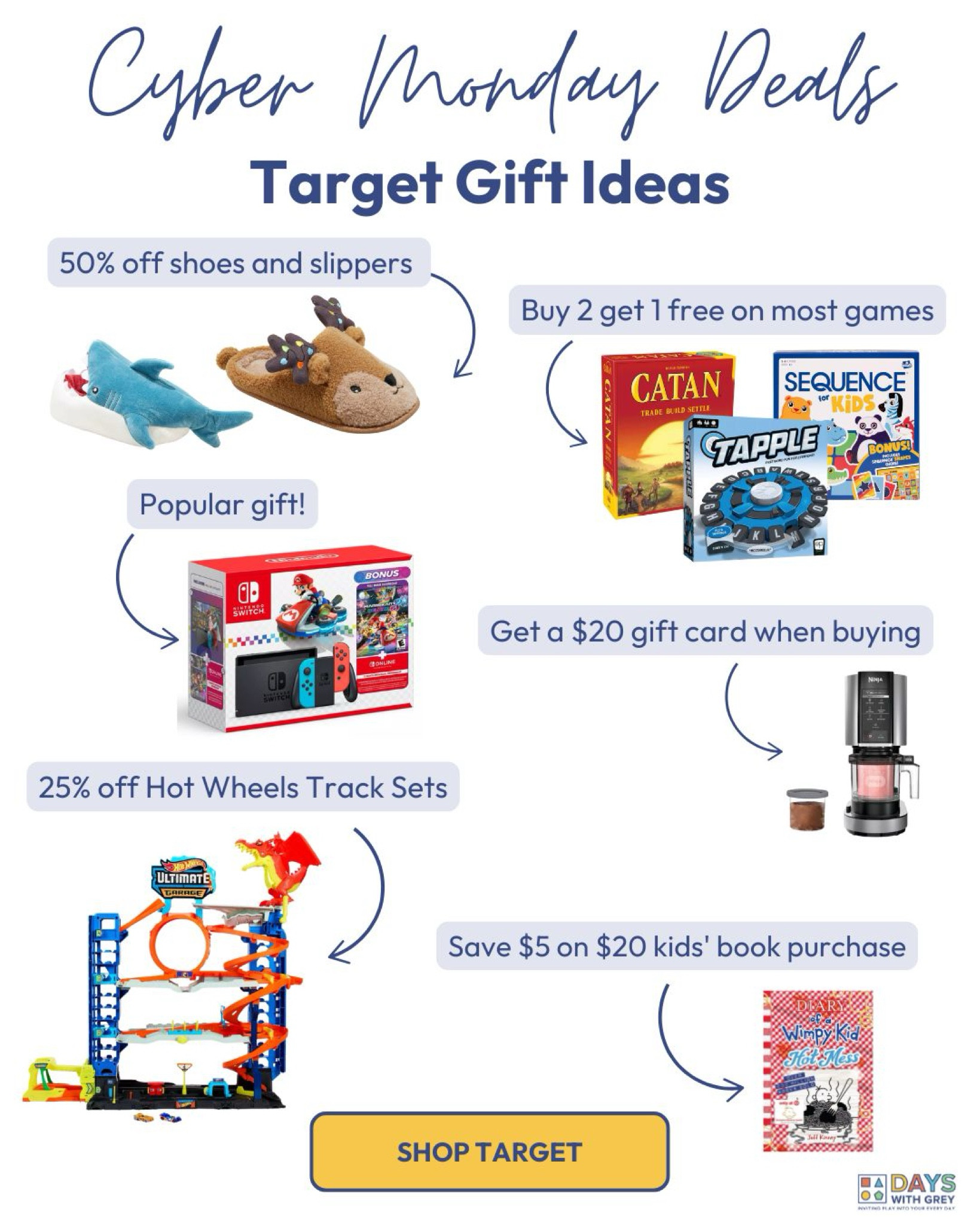 Target Cyber Monday deals and gift ideas! Shoes and slippers are 50% off and games are buy 2 and get 1 free. So many great toy and gift options like Hot Wheels sets and the Nintendo switch. You can get a $20 target gift card with the Ninja Creami. Some of the best Cyber Monday deals are at Target!

#LTKKids #LTKCyberWeek #LTKFamily