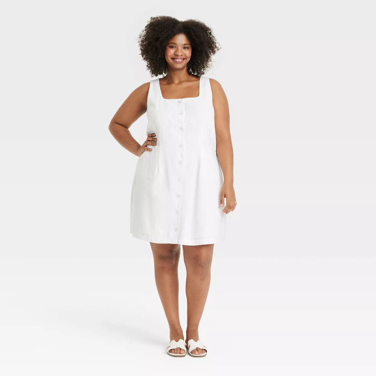 Women's Linen Mini Vest Dress - A New Day™ White M: Squareneck, Sleeveless, Front Button Down | Target