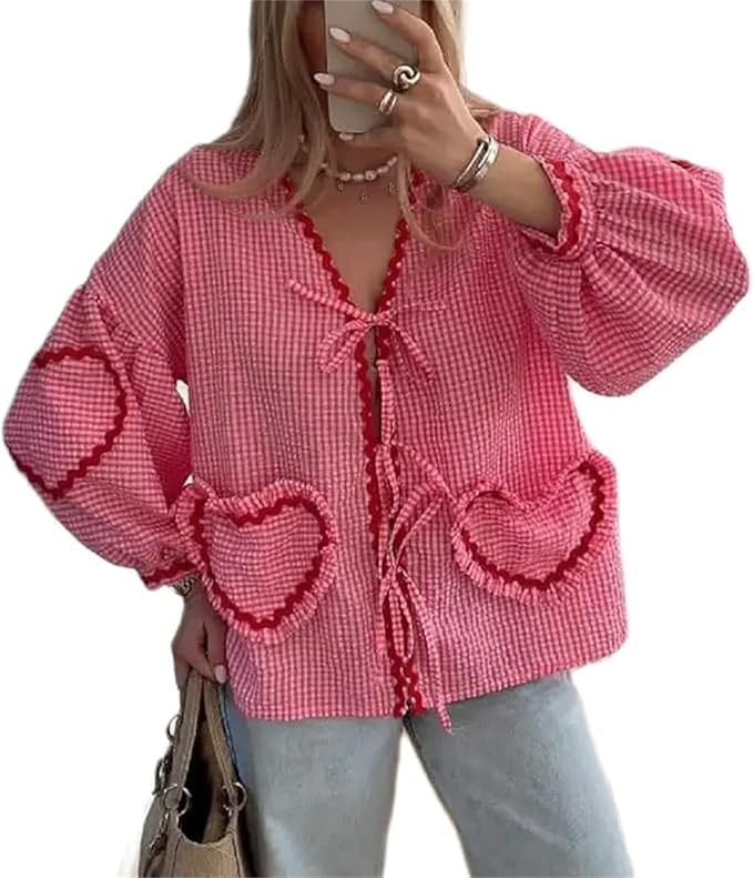 Women's Bow Tie Front Shirt Plaid Heart Babydoll Tee Y2k Cute Puff Long Sleeve Tops Peplum Coquet... | Amazon (US)
